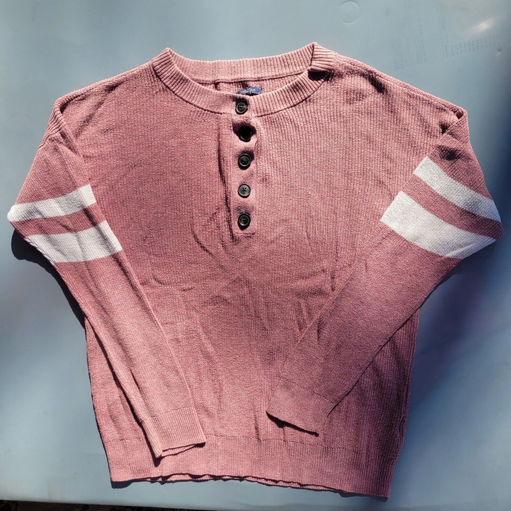 American Eagle Sweater Womens M Long Sleeve Pullover Button Front Stripe Pink